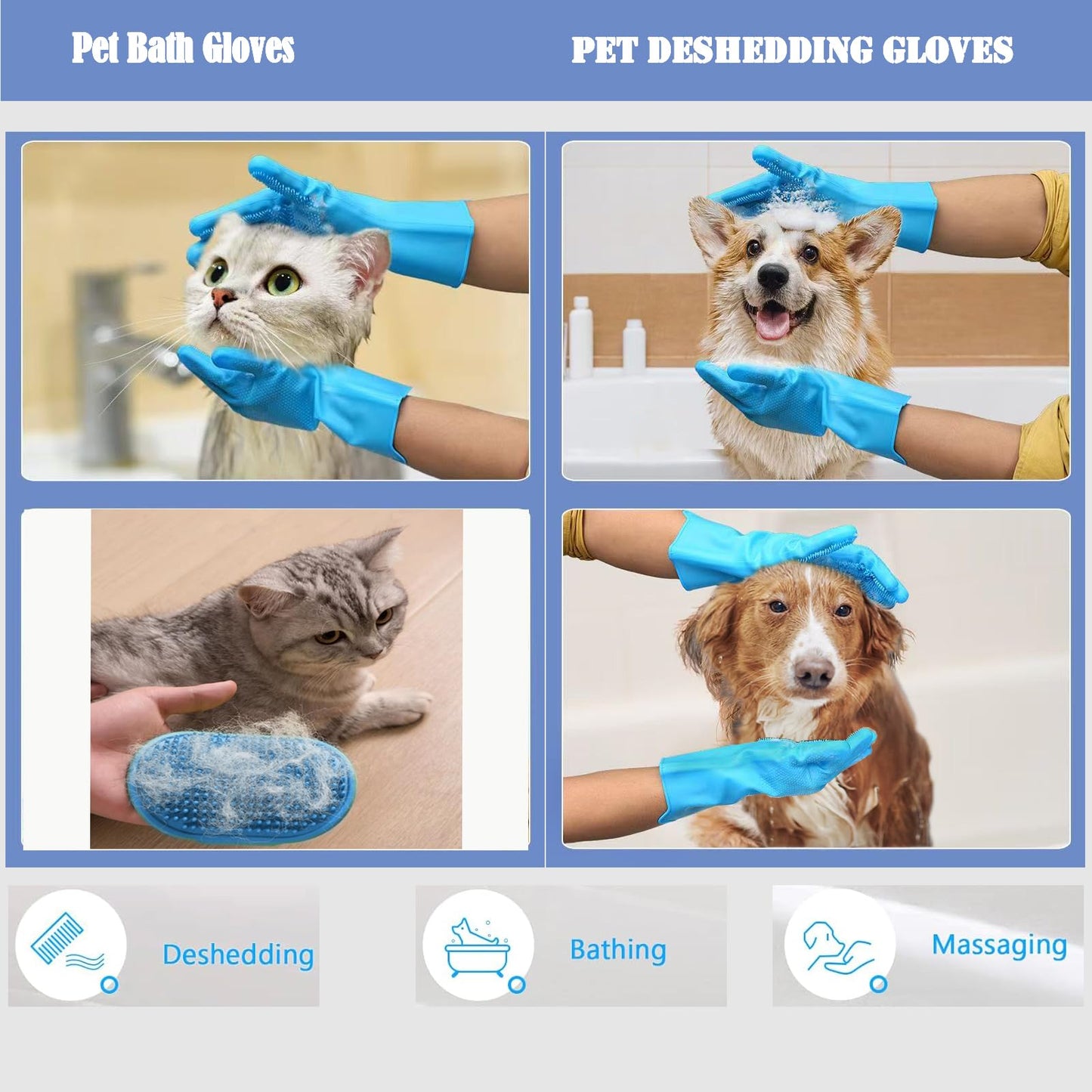 Pet Grooming Gloves-Dog Bath Supplies-pet Supplies-cat Brush-pet Hair Removal Tool -pet Dog Supplies -pet cat Supplies-Efficient Deshedding Glove for Dogs, Cats, Rabbits and Horses - 1 Pack(Blue)